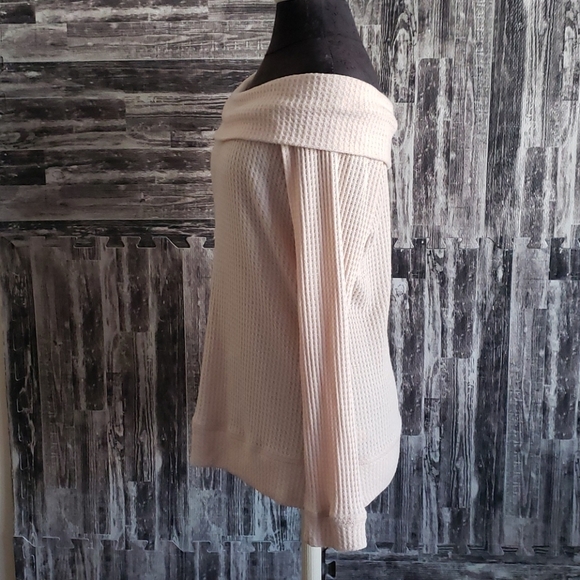 Cherish Waffle Knit Off the Shoulder Top EUC Large neutral cream ivory tan - Picture 3 of 8